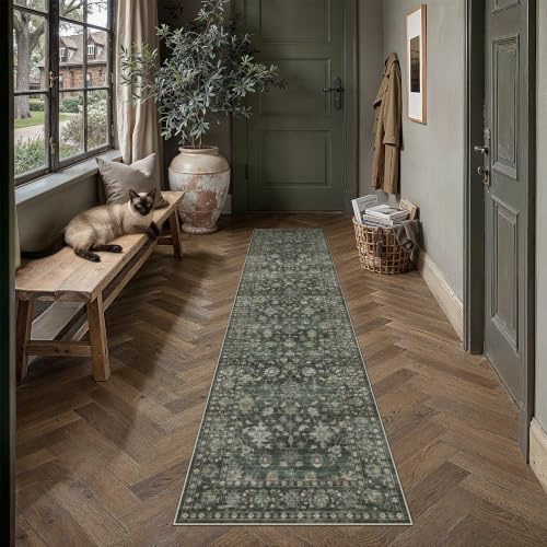 PureCozy Vintage Waschbarer LäUfer Flur Teppich 60x240cm, Grün | Blumenmuster,Waschbar, Rutschfest, Kurzflor, Weich, Küche, Eingangsbereich, Schlafzimmer, Bettvorleger