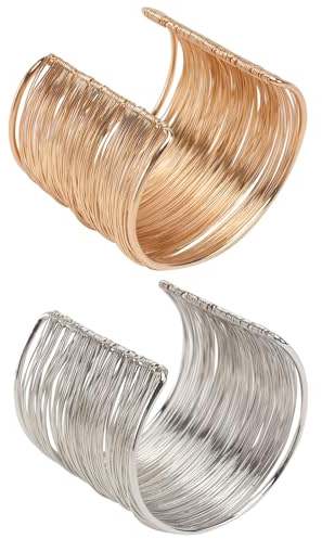 PACKOVE Pulsera de Brazo Ajustable de Metal para Mujer, Brazalete Abierto de Alambre Ancho en Acero Plateado, 2 Piezas, Joyería Punk Sencilla Adecuado para Uso Diario y Obsequio