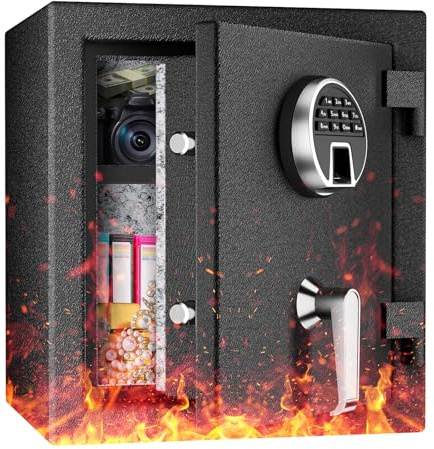 WASJOYE 45L Fireproof Safe Box, Fingerprint Safe, Biometric Home Safe with Digital Backlit Keypad and Removable Shelf, Heavy Duty Money Safe with Dual Alarm System for Home Hotel Office