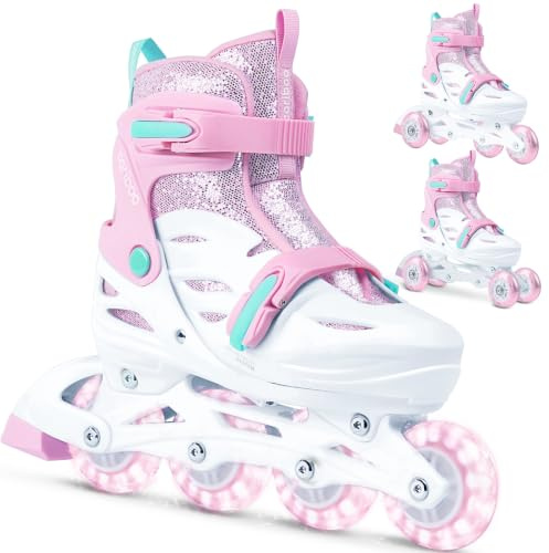Cariboo Rullskridskor för barn 3-i-1, storlek 31-34 Ballerina Rosa Mint | För Flickor, Inlines med Tri-Skate-lärläge, LED-hjul utan Batterier, Dubbelt Bromssystem och Mjuk, Ventilerad Softboot