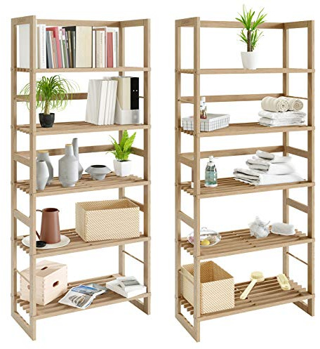 Casaria Set 2x Scaffale da bagno in Legno 5 Ripiani Mobiletto Cantina 135,5x58x27cm Libreria Salvaspazio Portaoggetti