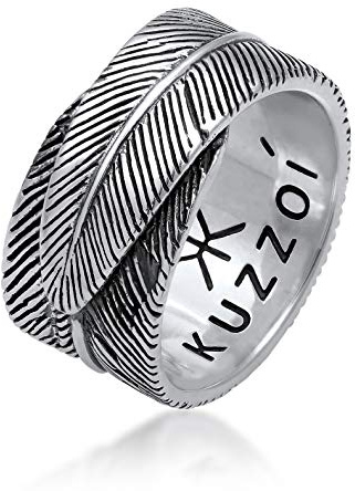 Kuzzoi Massiver Herrenring (14mm) mit Feder oxidiert Bandring 925 Silber | Männer 925 Silber Ring im Vintage Look Ringgröße 60 - 66