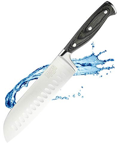 Sabatier Professional Oriental Santoku Kitchen Knife - 7in/17.5cm Full Tang Taper Ground Stainless Steel Blade. Unique Grey Pakkawood Triple Rivet Handle. Lifetime Performance 25yr Guarantee