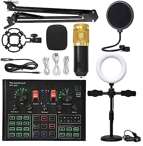 EBAYTV Kit Scheda Audio, Microfono a condensatore professionale Scheda audio karaoke wireless con luce di riempimento staffa a sbalzo(Gold suit)