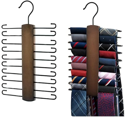 Tie Rack Retro Belt Storage Hanger,Wooden With 20 Non-Slip Hooks,Space Saving Storage,Brown(1 Piece)