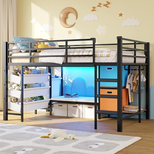 DICTAC Low Twin Loft Bed with Storage,Reading Corner and LED Lights Metal Twin Size Loft Bed with 3 Sling Drawers and 2 Movable Storage Bins,Kids loft Bed with 13.98H Safety Guardrail & Stairs,Black