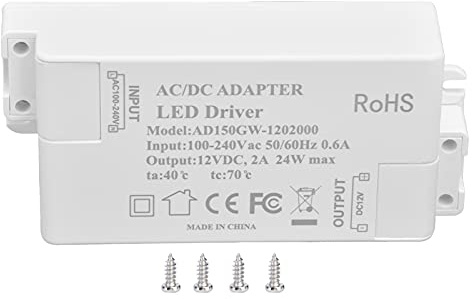 Alimentatore LED 12V 2A 24W, Alimentatore Stabilizzato 12V, Protezione Sovracorrente & Cortocircuito, Design Compatto Impermeabile, per Luci da Soffitto, Spot & Faretti