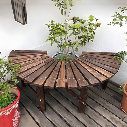 Trädbänk I Trä, Halvcirkelformade Trädgårdsbänkar I Trä For Uteplats, Veranda, Gräsmatta, Väderbeständiga Parkmöbler, Sittmöbler, Växtställ
