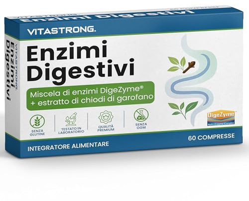 Enzimi Digestivi Completi Vitastrong con Chiodi di Garofano, Miscela Brevettata DigeZyme, Maltodestrina, Alfa Amilasi, Proteasi, Cellulasi, Lipasi, Lattasi Compresse Vegan Senza OGM, Glutine, Lattosio