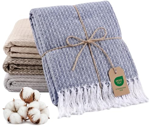 Lanavitta Premium Tagesdecke in 140x200 cm - Atmungsaktive Baumwolle Kuscheldecke - Sommerdecke mit Fransen - Bettüberwurf in Blau - Leichte Baumwolldecke - Oeko TEX 100 Zertifiziert Sofadecke