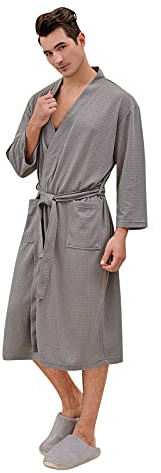 Pyjamas dam långärmad tunn – morgonrock dam lätt lång, badrock enfärgad pyjamas unisex resebadrock våffla sovskjorta knälång basturock bekväm morgonrock med bälte för par, GRÅ, M