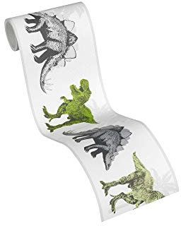 A.S. Création Bordüre Little Stars Borte mit Dinosauriern 5,00 m x 0,13 m grau grün weiß Made in Germany 358361 35836-1