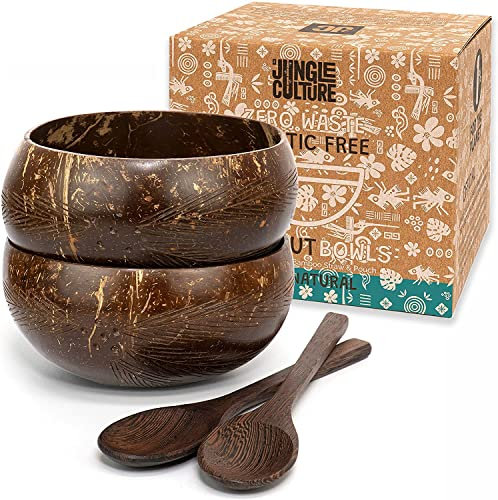 Jungle Culture® Set de 2 Boles de Coco con Cucharas y Pajita de Bambú & Bolsa • Tazones de Coco Natural • Cuenco Madera • Açai Bowl Ecológico y Sostenible • Coconut Bowls • Hecho a Mano en Vietnam