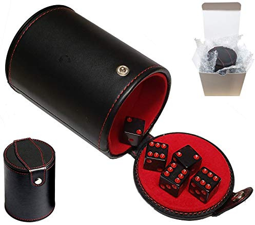 Set of Dice Cup with Storage Compartment Black PU Leather Red Felt Lined + (5) 16mm Tranparent Dice (Gift Boxed) (Smoke/Red)