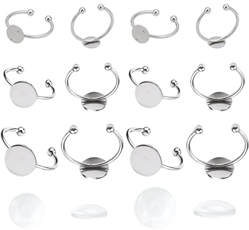 UNICRAFTALE 8/10/12mm Tray Cuff Fingerringe 18 Sätze Edelstahl Lünette Ringe Mit Halbrunden Glaskabochonen Größe 7 Fingerringe Komponenten Für Die Ringherstellung Edelstahl Farbe