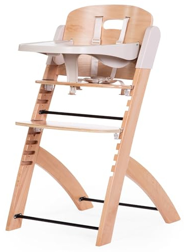 CHILDHOME, Hochstuhl für Babys, mitwachsend : von 0 Monaten bis 85KG, Inklusive Tablett, Buchenholz, Bügel, Sicherer 5-Punkt-Gurt, Unsichtbare Schrauben, Evosit Natur Beige
