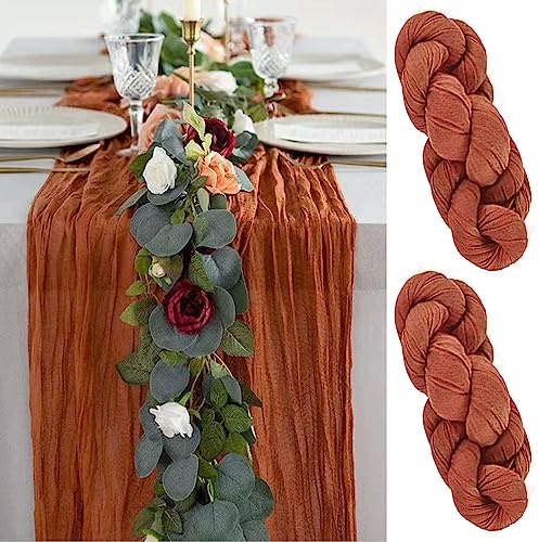 Frepea 2 Stück Tischläufer mit Falten 90x300CM Tischband Terracotta Rot Käsetuch Tischläufer Tischdeko für Hochzeit/Geburtstag