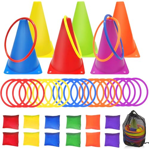 ailixinda 3 in 1 Carnival Games Set,39PCS Soft Plastic Cones Cornhole Bean Bags Ring Toss Game,Carnival Combo Set Toss Games for Kids Adult Birthday Party Indoor Outdoor Games Supplies,Yard Lawn Games