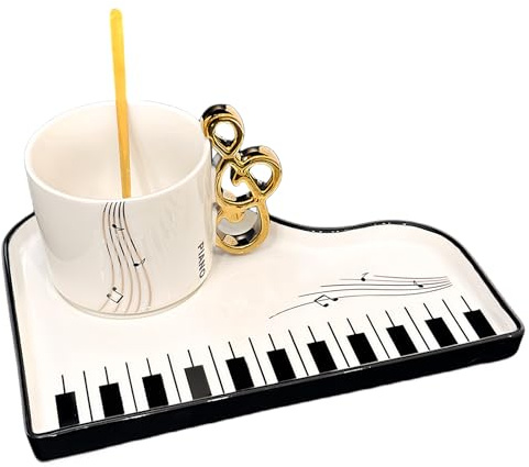 Taza de café de cerámica: tazas de café con mango para notas, taza de piano, capuchino tazas con plato y cuchara, regalos para músicos, taza de café para amantes de la música, Pascua, día de San
