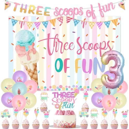 Jollyboom Three Scoops of Fun Birthday Decorations for Girls, Ice Cream 3rd Birthday Decoration Backdrop Banner Cake Cupcake Topper for Girl Summer Ice Cream Theme Three is So Sweet Birthday Party