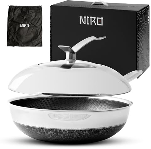 NIRO Wok Antiaderente Triplo Strato (Acciaio Inox + Alluminio) Ø30cm, COPERCHIO INCLUSO, Antigraffio, NO PFOA, Per Piano Cottura Induzione, Ceramica, Elettrico, Gas, Forno, Manico Anti Scottatura