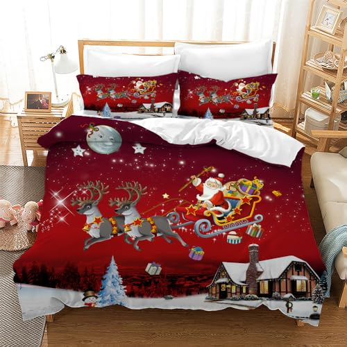 CXYXHW Weihnachten Bettwäsche Set,3 teilig Bettwäsche Set Garnitur Weihnachtsmann Muster,Bettbezug und Kissenbezug mit Reißverschluss (E, 135x200CM)