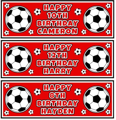 Football Personalised Birthday Banners - 2 Banners Per Pack - Red White Black Football party Banners