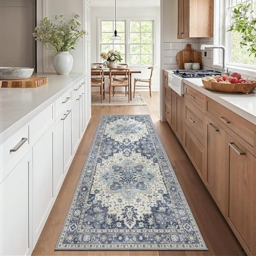 GENIMO Vintage Läufer Teppich Marineblau, Waschbar für Flur, 80x200 cm | Weicher Kurzflor, Rutschfeste Rückseite, Pflegeleicht für Küche und Korridor