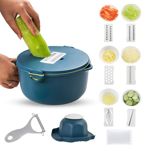 Mandoline Gemüsehobel, 10 in 1 Mandoline Gemüseschneider, Küchen Gemüsehobel mit Sparschäler ＆ Korb Abtropfen Lassen für Slice & Julienne von Obst, Kartoffeln, Tomaten, Zwiebeln