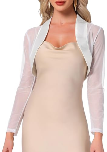 Allegra K Satin Shrug for Women's Evening Dresses Mesh Formal Coverup Open Front Long Sleeve Cropped Bolero Large White