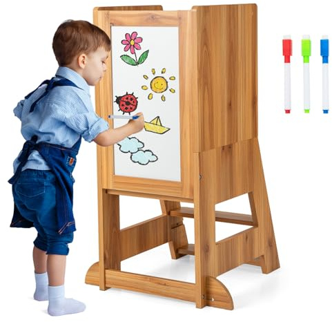 FANTASK Montessori Tour d'apprentissage 3 en 1 en bois pour enfants avec tableau et hauteurs, marchepied réglable en hauteur avec 3 stylos, pour enfants à partir de 1 an (naturel)