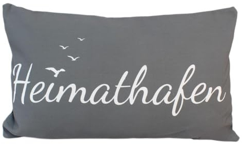 BEMIRO Heimathafen Dekokissen, 53x31 cm, Grau mit Weißer Schrift und Möwen, Polyester