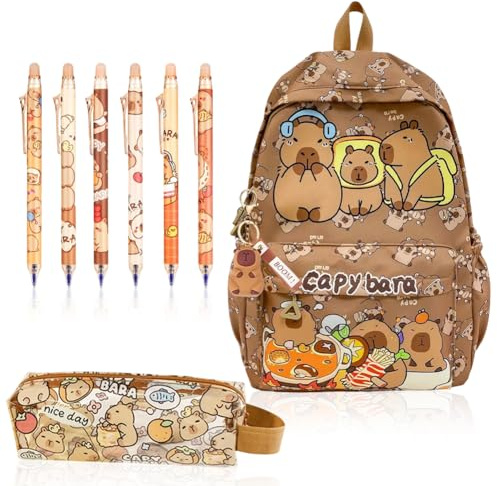 OPVXZAD Mochila Capybara Kawaii - Set Capibara Escolar con Estuche, 6 Bolígrafos & Llavero - Diseño de Animalito Lindo - 19L Gran Capacidad - Regalo para Niños, Niños, Niñas