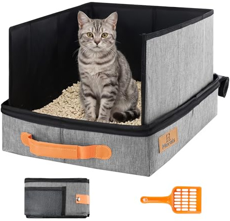 MORAIS Portable Travel Litter Box for Cats, 17.7×13.5×11 | Waterproof Collapsible Cat Litter Box with Zippered Lid, Removable High Sides & Scoop for Car Trips, Hotels & Camping, Gray