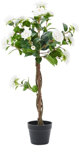 Panana Artificial Plant Set of 1 Rose Flower Tree,Realistic Camellia Decorative Faux Plants in Pot (White Rose Flower Tree, 1 Pack)