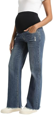 Gowjog Vaqueros de Maternidad de Pierna Recta con Dobladillo Crudo y Cintura Alta con Soporte Abdominal y Bolsillos para Uso Diario Vintage Azul S