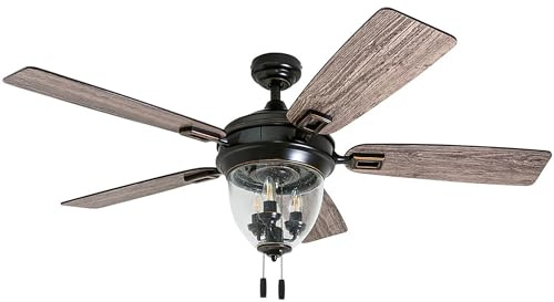 Honeywell Ceiling Fans Glencrest, 52 Inch Indoor Outdoor LED Ceiling Fan with Light, Pull Chain, Dual Mounting Options, ETL Damp Rated, Dual Finish Blades, Reversible Motor - 50615-01 (Bronze)