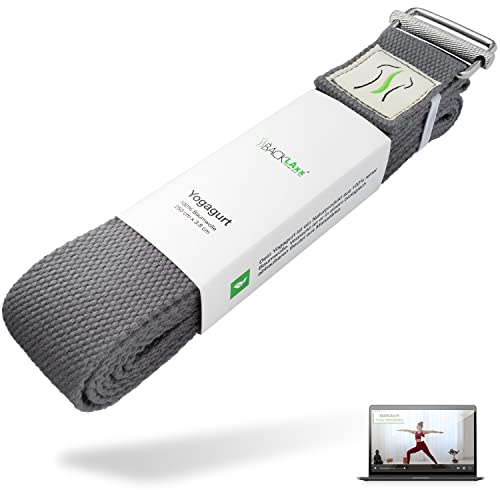 BACKLAXX® Cinghia Yoga in Cotone 250 cm con Chiusura in Metallo | Cintura Yoga Regolabile per-Yoga, Pilates e Stretching | Include Video di Utilizzo