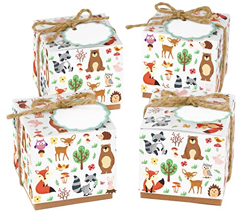 50 Pcs Geschenkbox Klein Tiere Gastgeschenke Geschenkschachtel zur Taufe Babyparty Kindergeburtstag mit Anhänger Schnur Schachteln Bonboniere Boxen für Süßiigkeiten