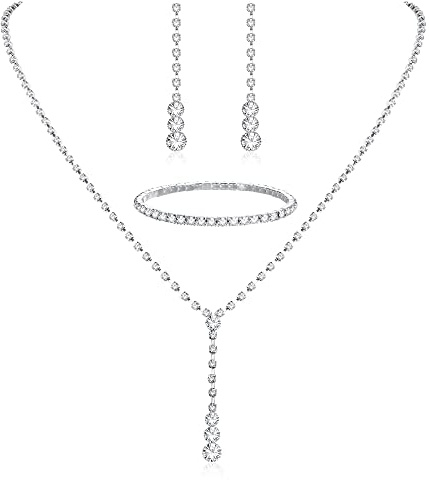 THUNARAZ Sparkled Jewelry Set for Women Silver Rhinestone Necklace Teardrop Dangle Earrings Bracelet for Bride Bridesmaid Crystal Bridal Prom Costume Jewelry Accessories for Wedding Party