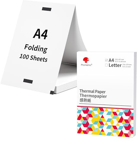 Phomemo A4 Thermodruckpapier, 210x297 mm, Kontinuierlich Gefaltetes Thermopapier Kompatibel mit Phomemo M832/M834 Mobiler Drucker für Unterwegs, Mehrzweck Thermopapier für Reisen, Zuhause, 100 Blatt