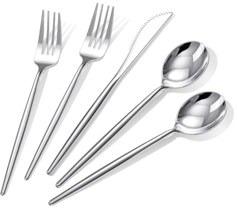 Rubtlamp 90Pcs Silver Plastic Silverware, Silver Plastic Utensils, Plastic Cutlery Include 30 Knives, 30 Forks and 30 Spoons, Silverware Heavy Duty For Party