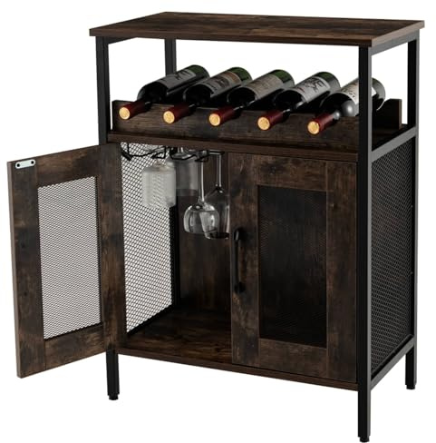GiantexUK Wine Bar Cabinet, Industrial Kitchen Sideboard with Removable Wine Rack, Detachable Glass Holders & Anti-Tipping Device, Metal Frame Buffet Cupboard for Dining Living Room Hallway | Metal Frame Buffet Cupboard with Removable Wine Rack, Detachable Glass Holders & Anti-Tipping Device for Dining Living Room
