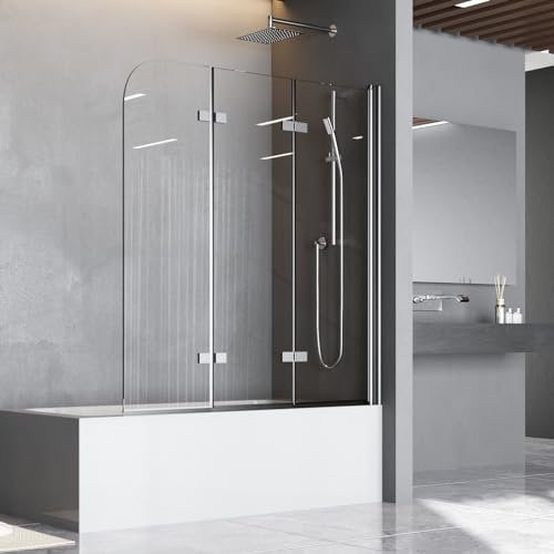 Duschwand für Badewanne 120 x 140 cm Badewannenfaltwand 3-teilig Faltbar Duschtrennwand 6mm Nano Glas Schwarz Faltwand Duschabtrennung