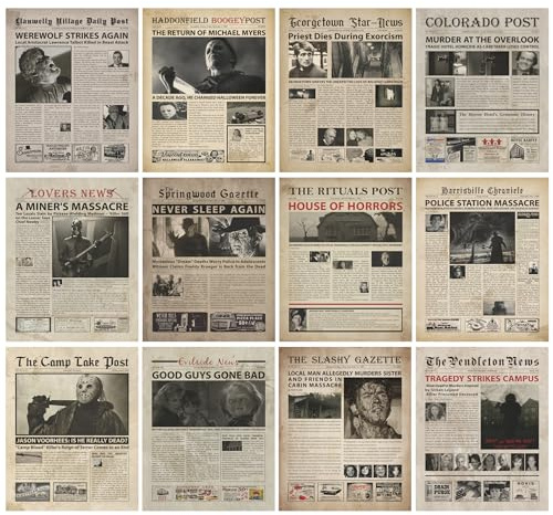 Vintage Horror Movie Newspaper Poster - 8x10 Inches Unframed Posters & Prints - Serial Killer Halloween Decorations for Bedroom Wall Art - Massacre Retro Room Decor for Living Room Wall Decor - Gothic Pumpkin Witchy Horror Haunted House Posters for Room Aesthetic. ((8x10 Newspaper))