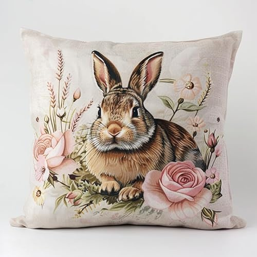 WallustrioaW süßer Hase DIY Kreuzstichkissen,Blumen,Stickset,Kreuzstich Kissen zum Basteln Stickkissen Stickpackung mit Vorgedruckt Kreuzstichmotiv,45x45cm