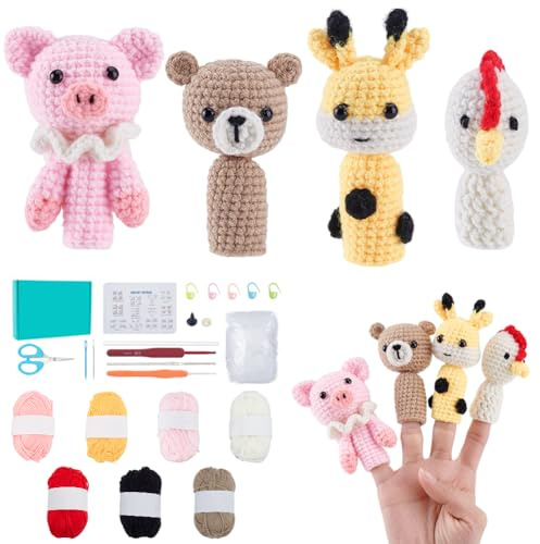 ORIGACH 8 Set Häkelset Für Anfänger, DIY Tier Fingerpuppen Starter Häkelset Für Erwachsene Mit Schritt Für Schritt Videoanleitung