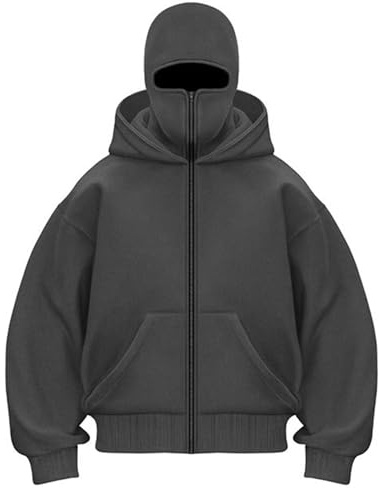 PADOLA Balaclava Zip Hoodie Herren Ninja Kapuzenpullover mit Sturmhaube Oversized Mask Jacke mit Doppel Kapuze Y2K Hoodie mit Fleece Winddichte Übergangsjacke Motor Fahrrad (L, 1 Dunkelgrau)