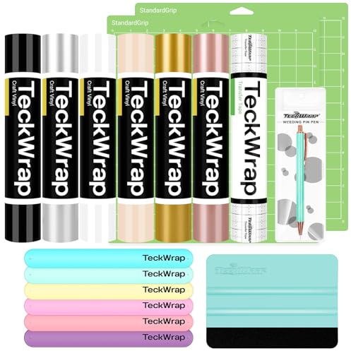 TECKWRAP Permanent Adhesive Vinyl Bundle - 30.5 cm x 1.5 m Rolls, 6 Colours, Transfer Tape, 10-Piece All-in-One Tool Kit for Cricut, Silhouette & Craft Projects