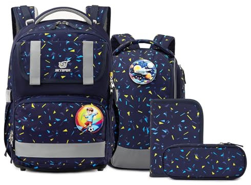 SKYSPER Schulranzen-Set 5-teilig, Schulrucksack Ergonomischer Tragesystem 16L Schulranzen mit 360° Reflektorstreifen für Mädchen Gungen Kinder 1. klasse für Reisen Sport